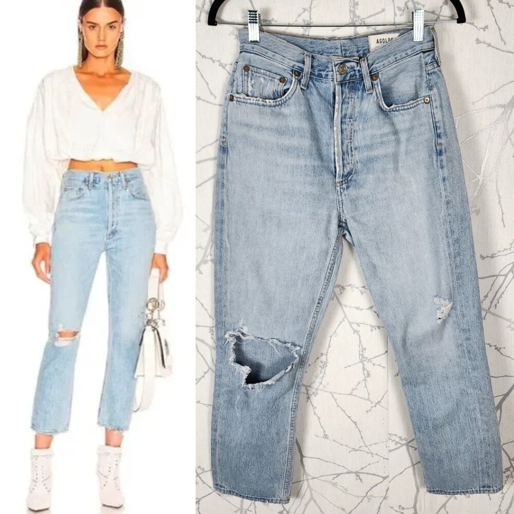 Agolde Light Wash Rigid Denim Distressed Riley Straight Leg Crop Jeans